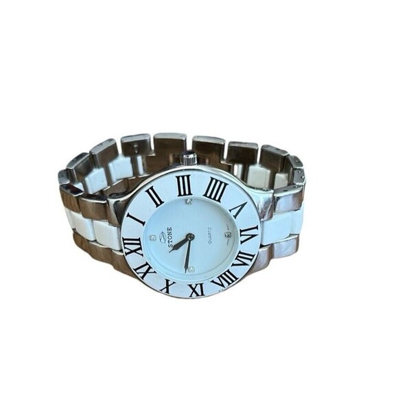 Stone Women's Watch White Silver Link Band 7" Needs battery Tested Working - Picture 5 of 6
